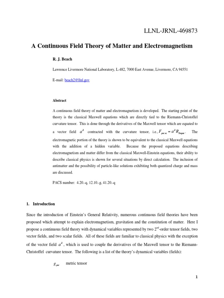 A Continuous Field Theory of Matter and Electromagnetism PDF | PDF ...