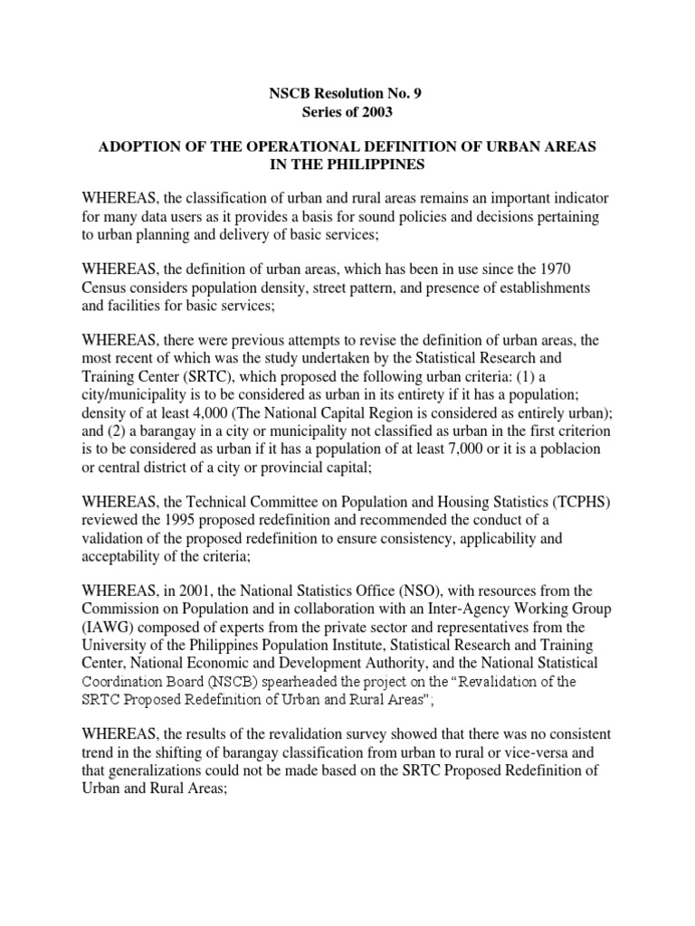 NSCB Resolution No. 9 Series of 2003 PDF Urban Area Rural Area