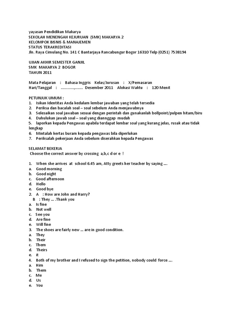 Soal Pilihan Ganda Hotel