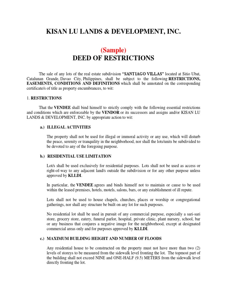 Deed of Restrictions Sample Easement Government
