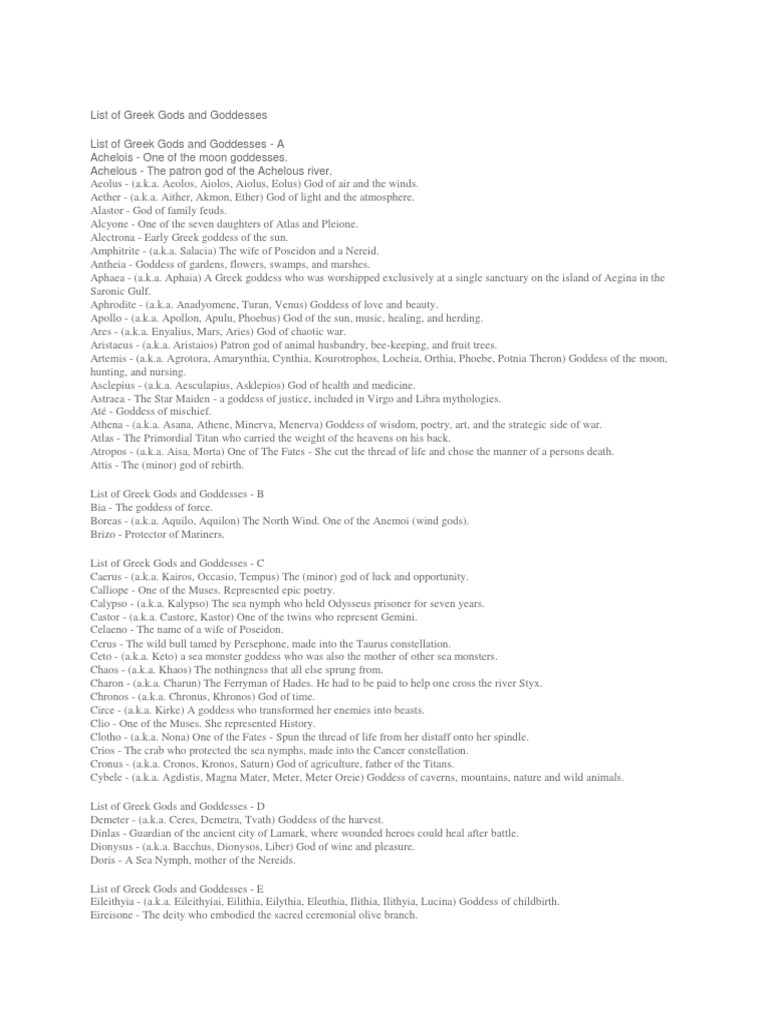 List of Greek Gods and Goddesses | PDF | Dionysus | Deities