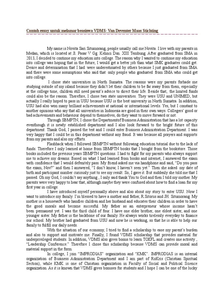 Contoh Essay Untuk Melamar Beasiswa VDMS PDF