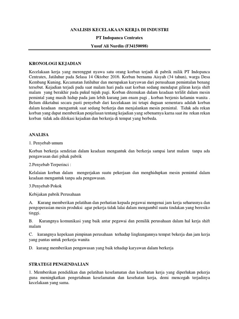 Kecelakaan Kerja di PT Indopanca Centratex | PDF