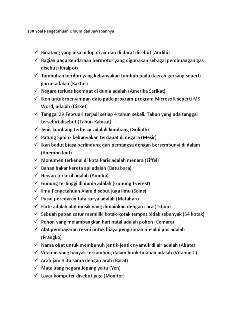 100 Soal Pengetahuan Umum Dan Jawabannya  PDF