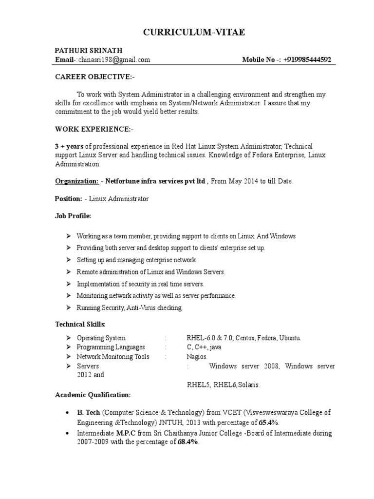 Linux Administrator Resume - 3 Years Experience | PDF | System ...