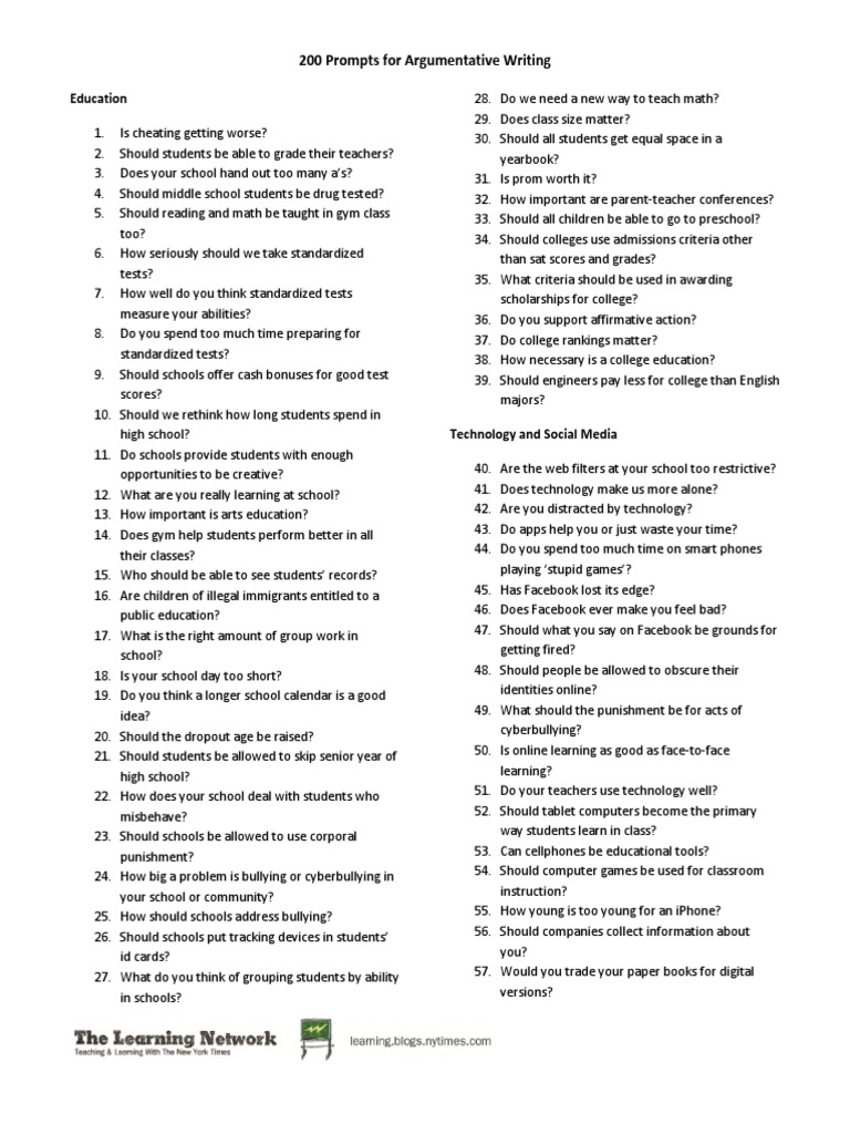 200 Prompts For Argumentative Writing: Education | PDF