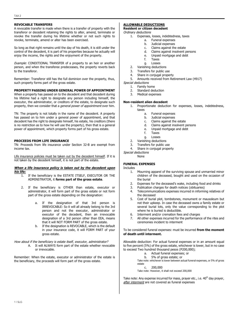 Revocable To Funeral Expenses PDF Life Insurance Tax Deduction