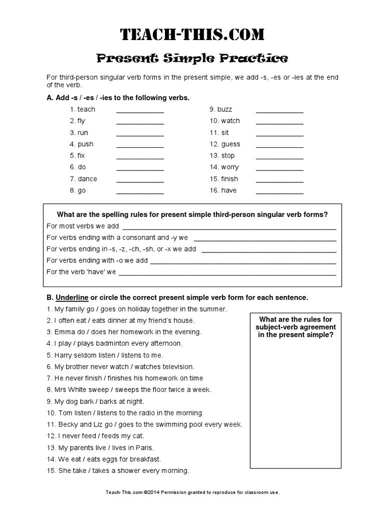 Present Simple S Es Ies Exercises Pdf