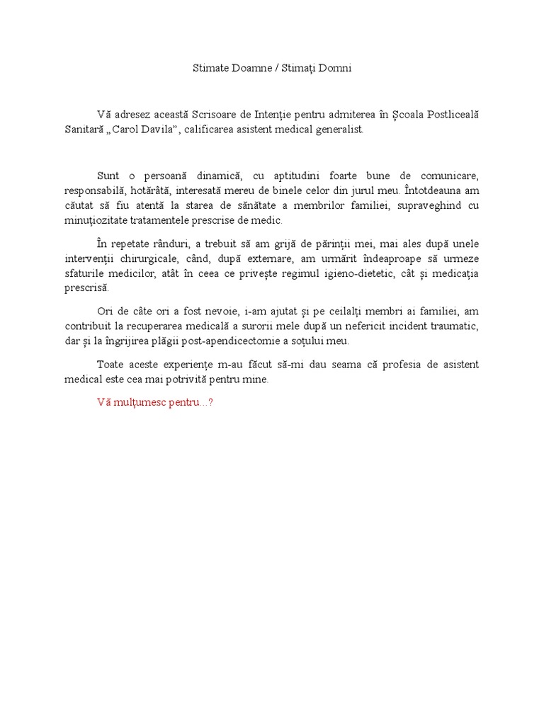 Scrisoare de Intenție