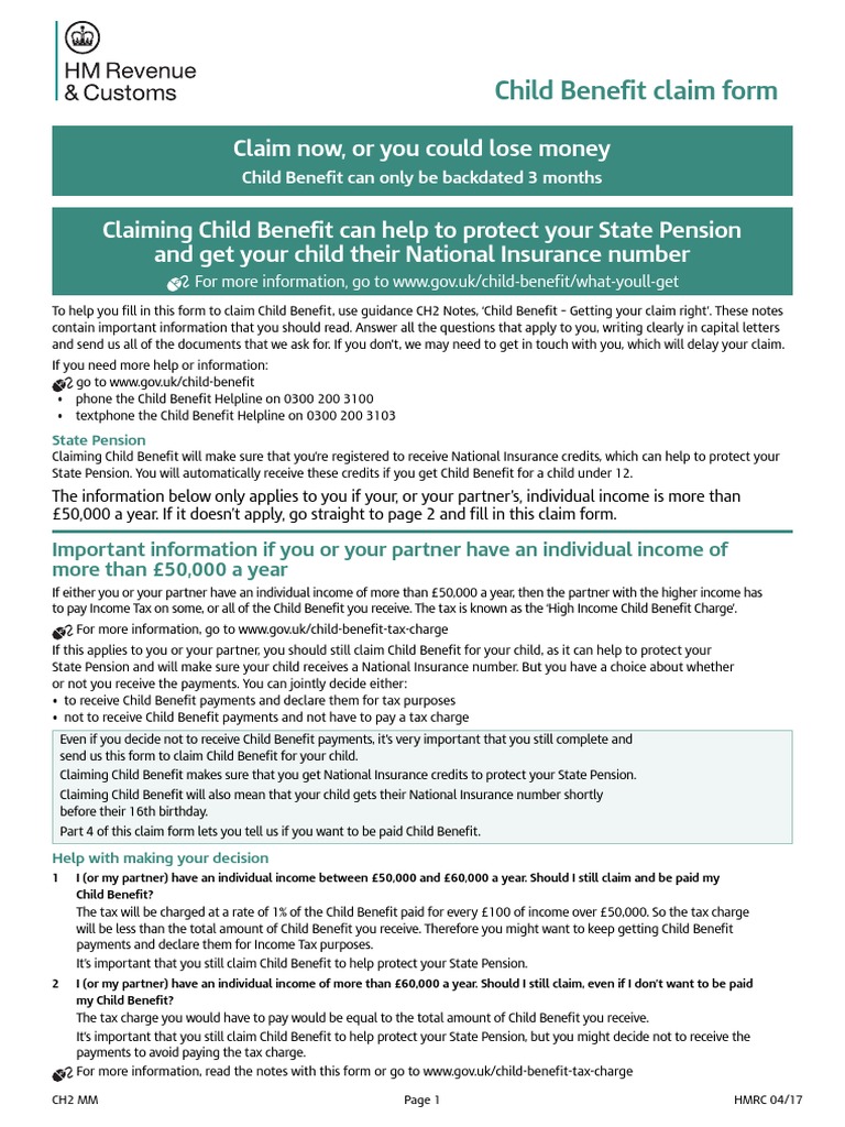 CH2 Child Benefit Claim Form 05 17 PDF Tax Taxes