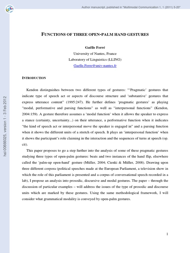 Gestures Pragmatic Functions | PDF | Stress (Linguistics) | Gesture