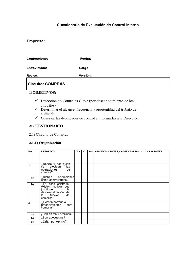 Cuestionario de Control Interno en Compras | PDF | Cuestionario ...