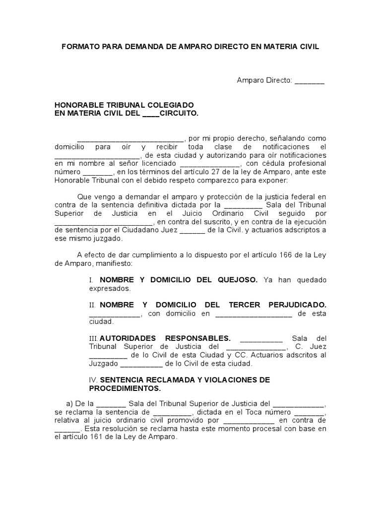 Formato para Demanda de Amparo Directo en Materia Civil | PDF | Evidencia  (ley) | Sentencia (Ley)