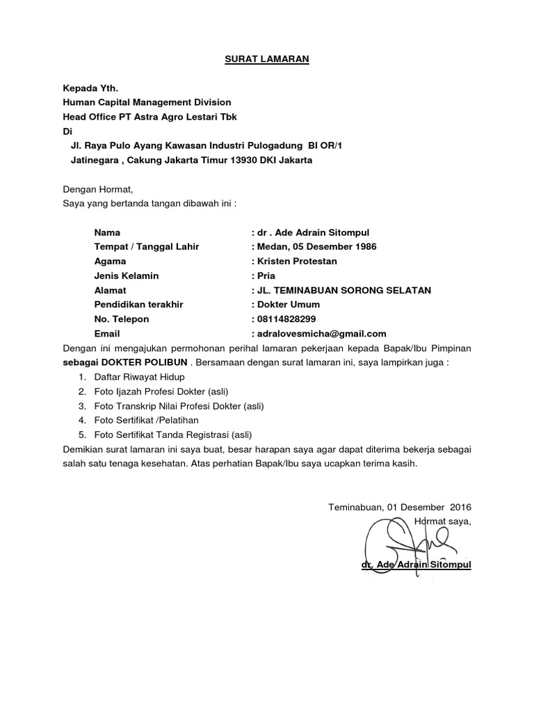 Surat Lamaran PT Astra Agro Lestari TBK | PDF