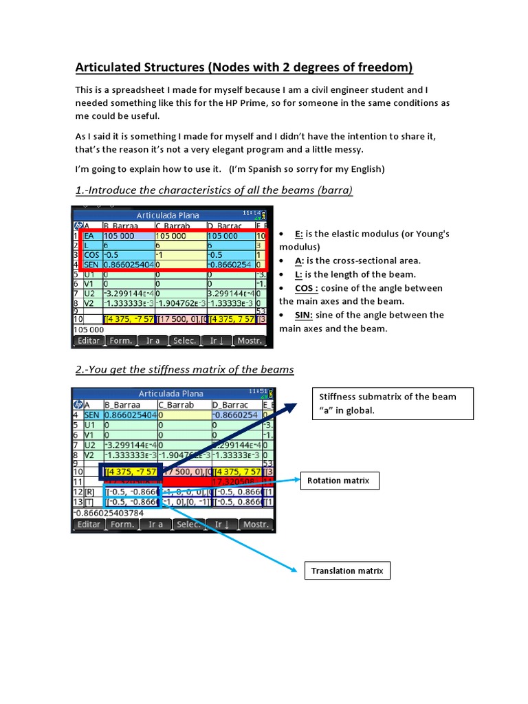 Spreadsheet for Articulated Structures | PDF | Stiffness | Beam (Structure)