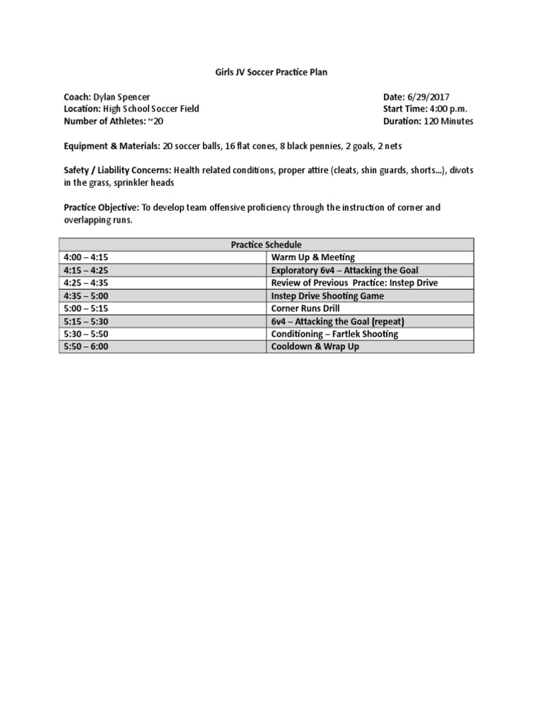 Sample High School Soccer Practice Plan PDF Athletic Sports Sport