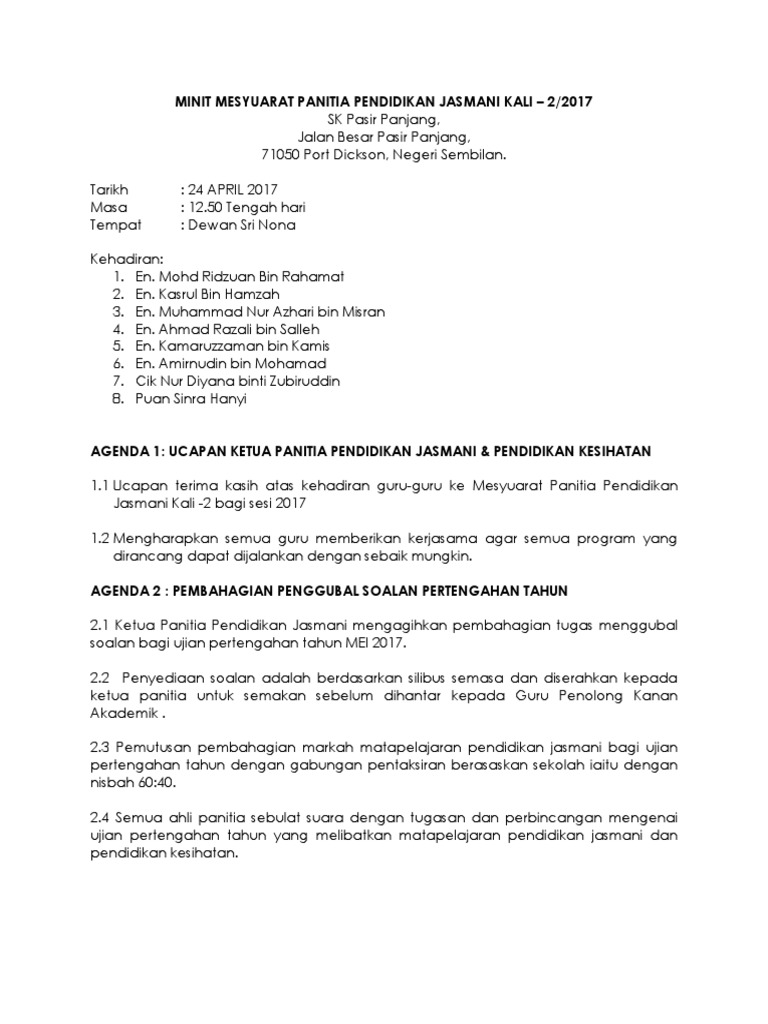 Minit Mesyuarat Panitia Pjk Kali Ke 2