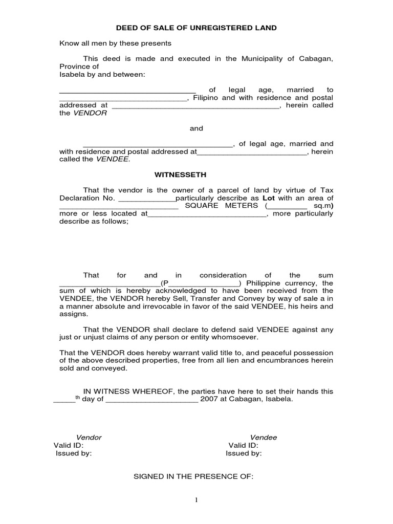 Deed of Sale of Unregistered Land Draft | Deed | Environmental Law