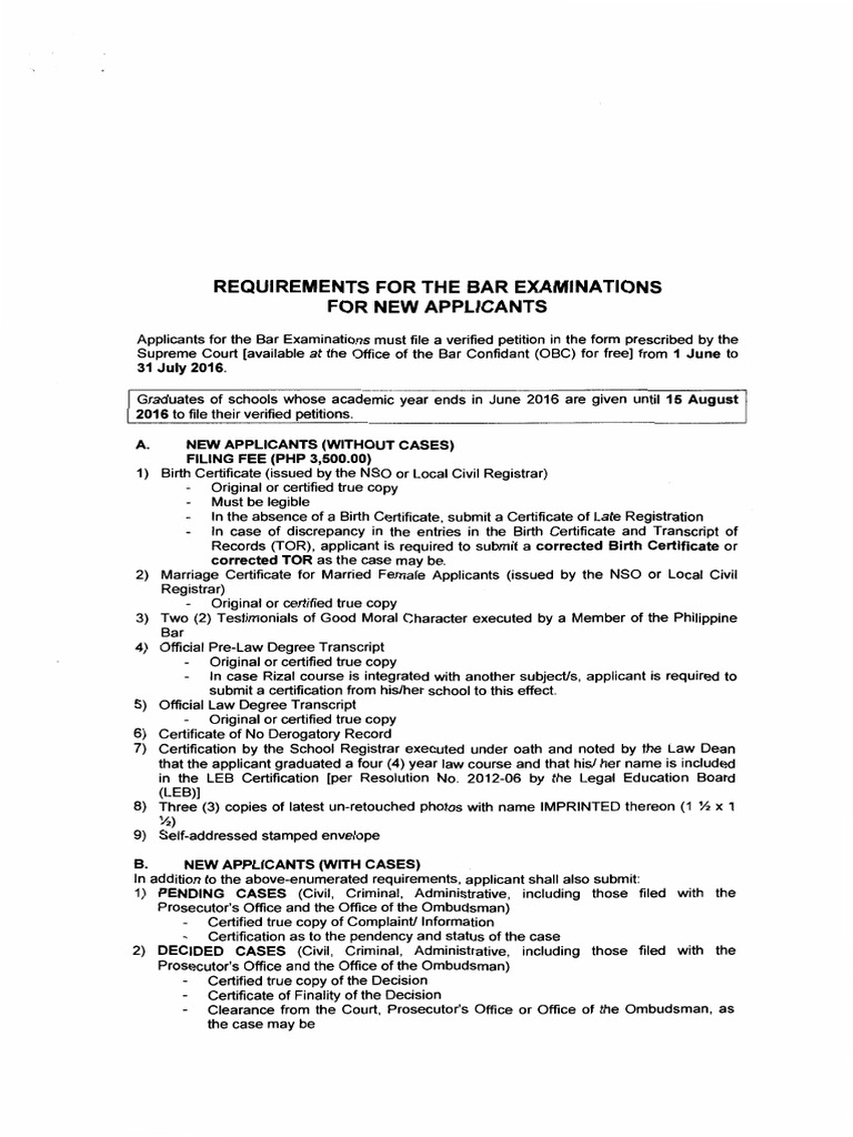 Requirements For The Bar Examinations For New Applicants: 31 July 2016 ...