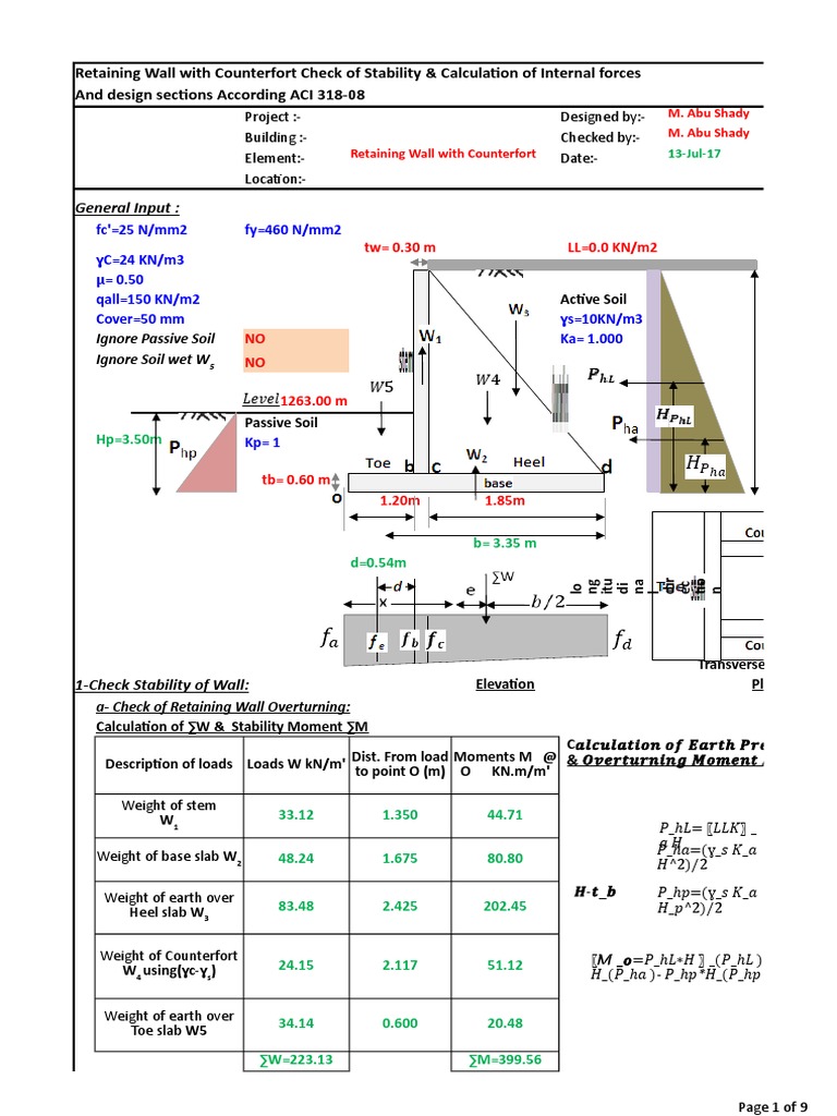 Calculation of Internal Forces and Design of Sections for a Retaining