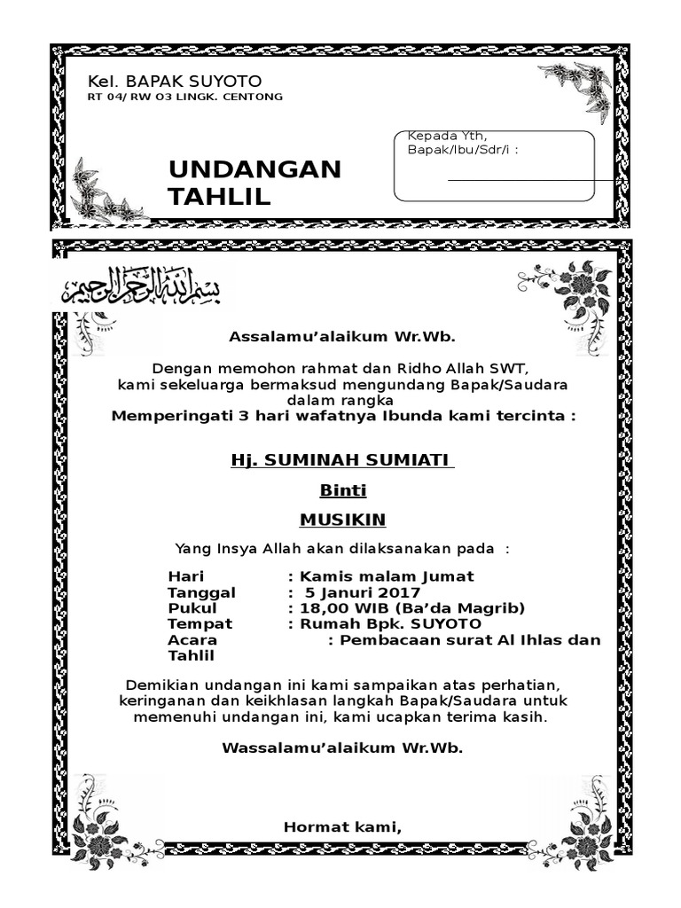 Contoh Surat Undangan Tahlil 40 100 1000 Hari Haul Pdf