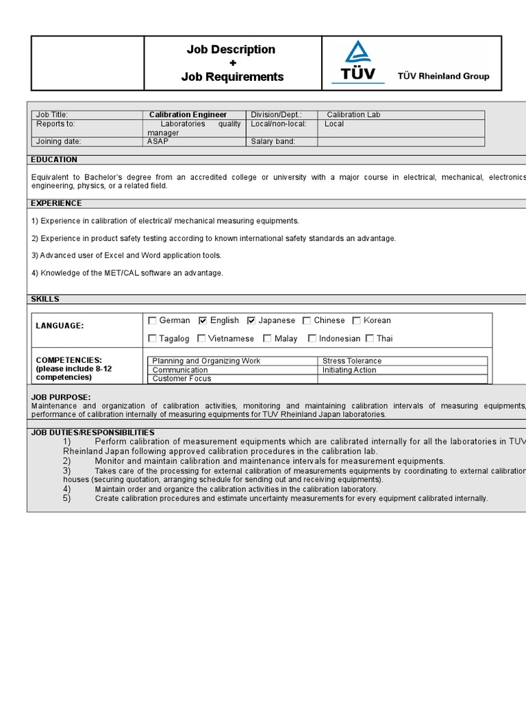 Job Description + Job Requirements Calibration Engineer PDF