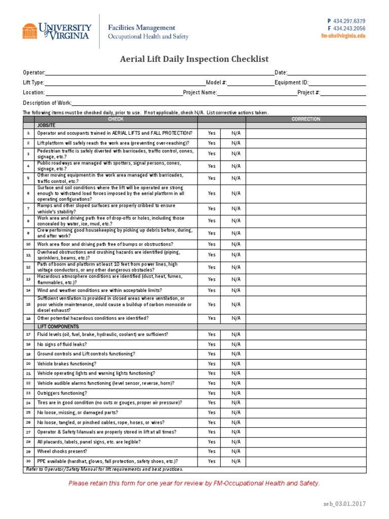 Aerial Lift Inspection Checklist PDF Vehicles Traffic