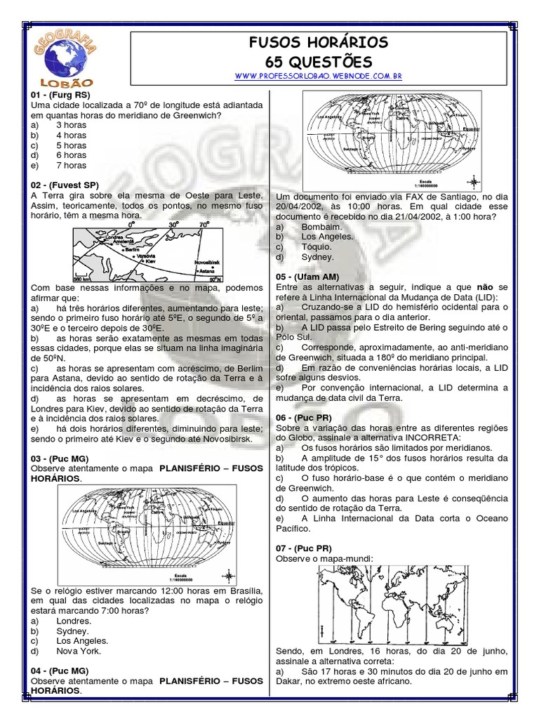 Questões sobre Fusos Horários | PDF | Longitude | Horário de verão