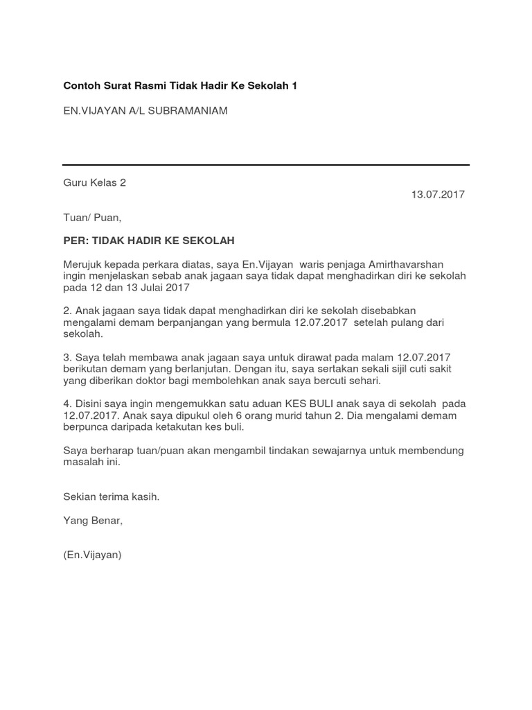 Contoh Surat Rasmi Tidak Hadir Ke Sekolah 1 Pdf
