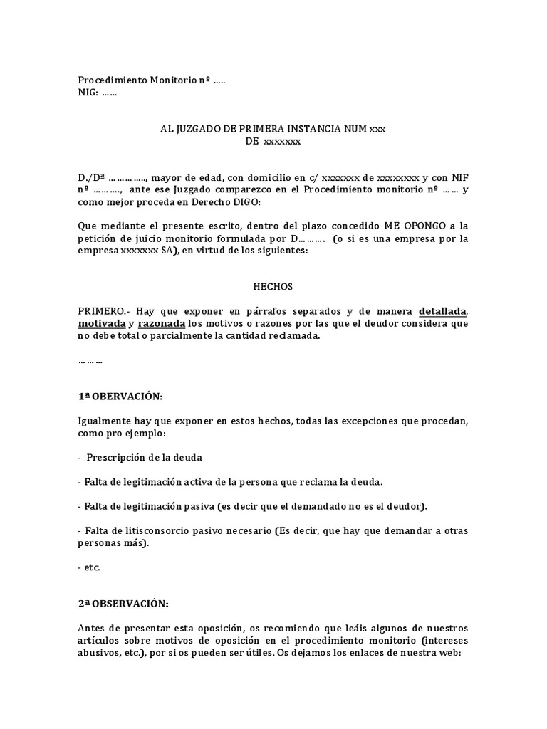 Modelo Oposición Procedimiento Monitorio | PDF | Demanda judicial |  Información del gobierno