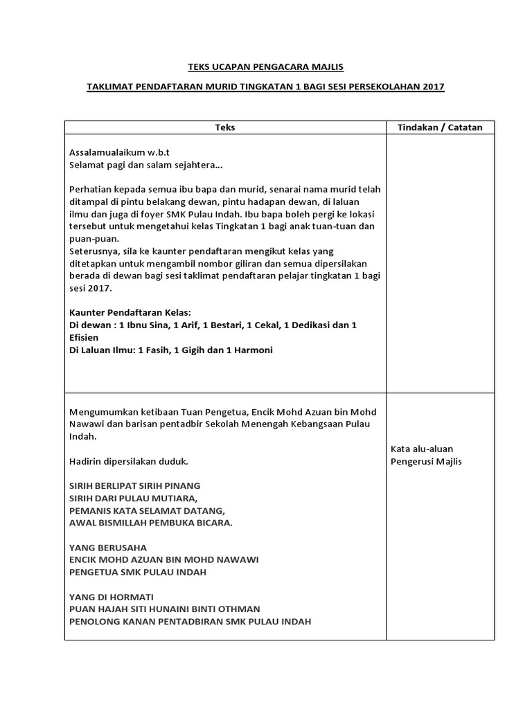 TEKS UCAPAN PENGACARA MAJLIS Pendaftaran Tingkatan 1  PDF