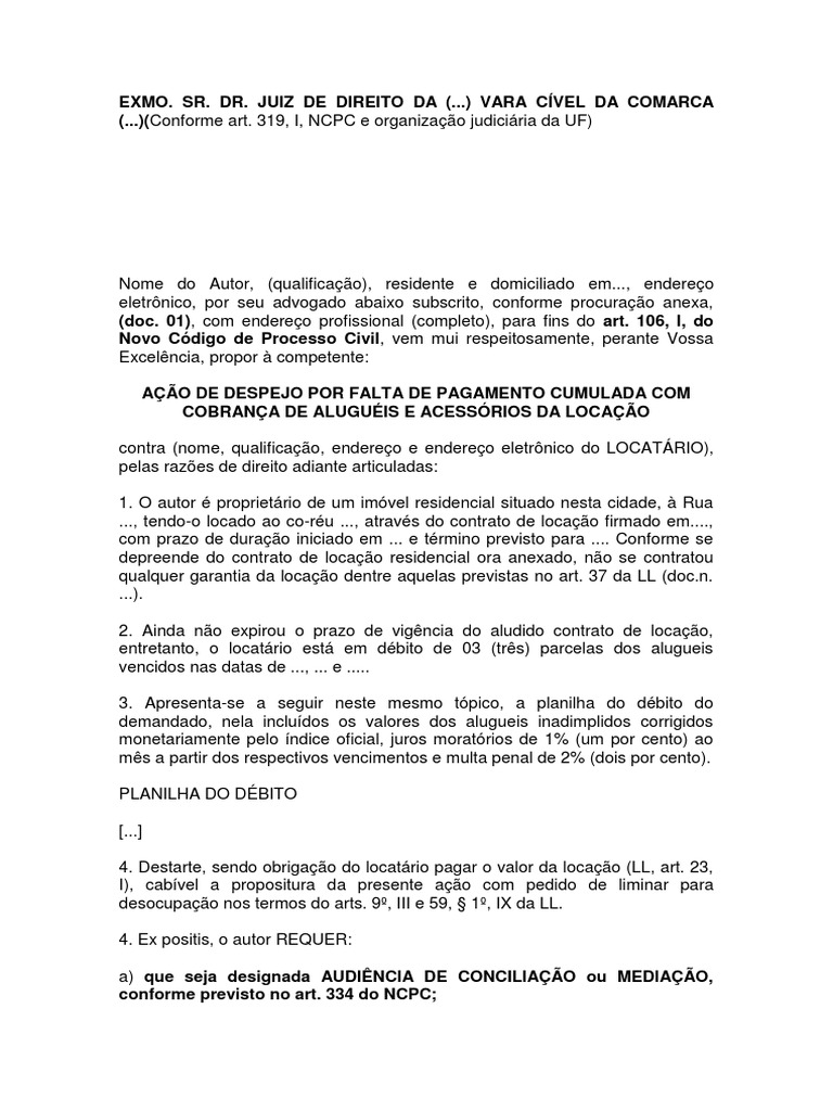 Ação de Despejo Por Falta de Pagamento Cumulada Com Cobrança de