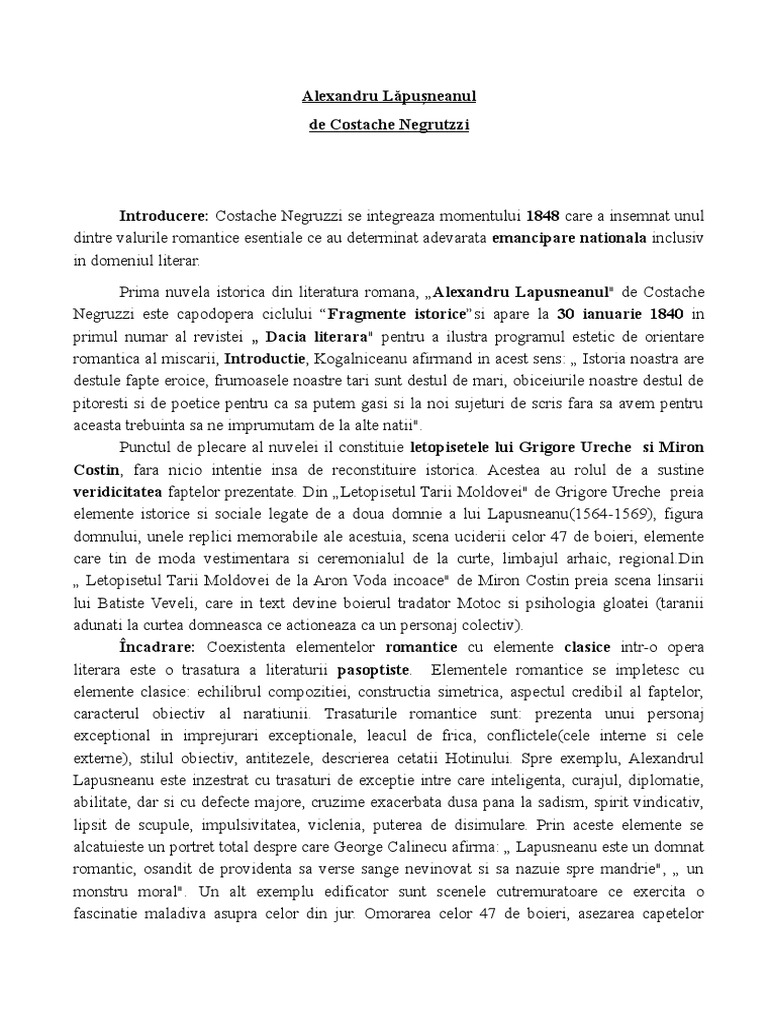 Alexandru Lapusneanu Rezumat Pe Capitole Alexandru Lapusneanu | PDF