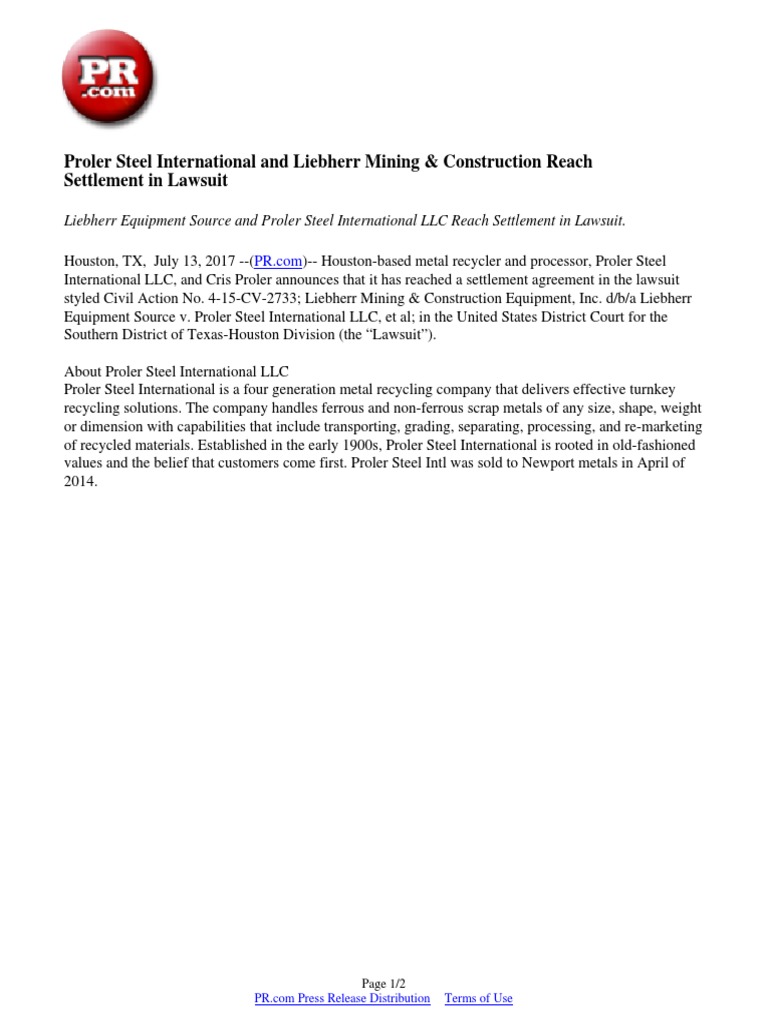 Proler Steel Settles Lawsuit with Liebherr | PDF | Scrap | Industries