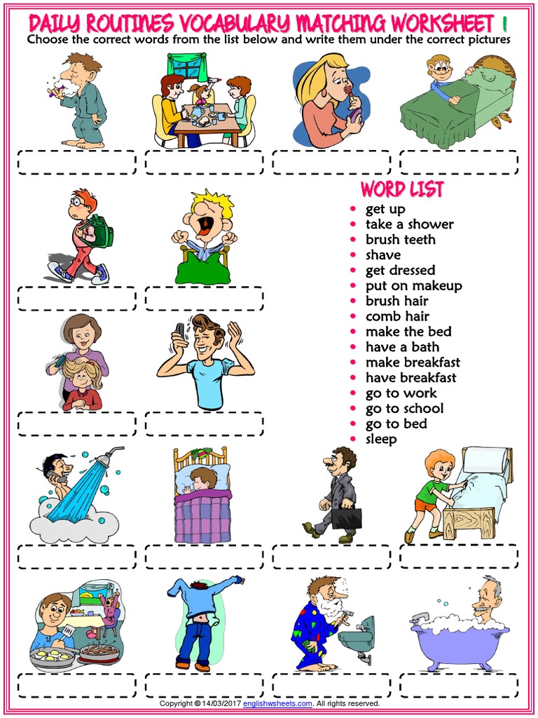 Daily Routines Vocabulary Esl Matching Exercise Worksheets For Kids PDF ...