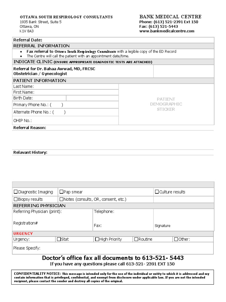Doctor's Office Fax All Documents To 613-521-5443: Referral Date ...