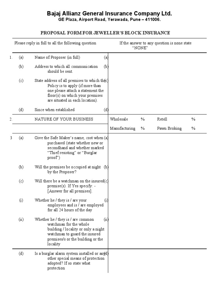 Jewellers Block Proposal Form  PDF  Insurance  Stocks