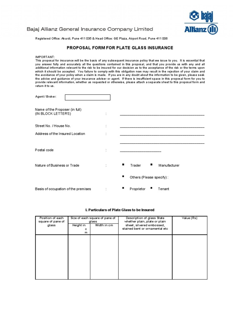 Proposal Form Plate Glass Insurance Justice