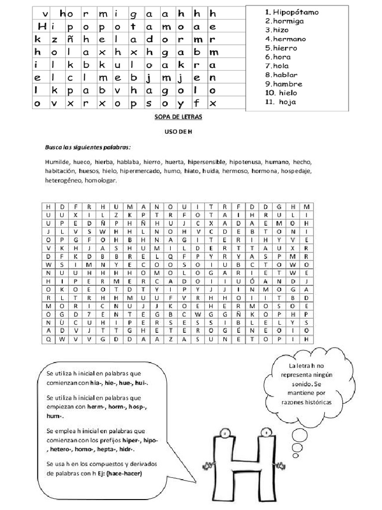 Sopa De Letras Uso De La H