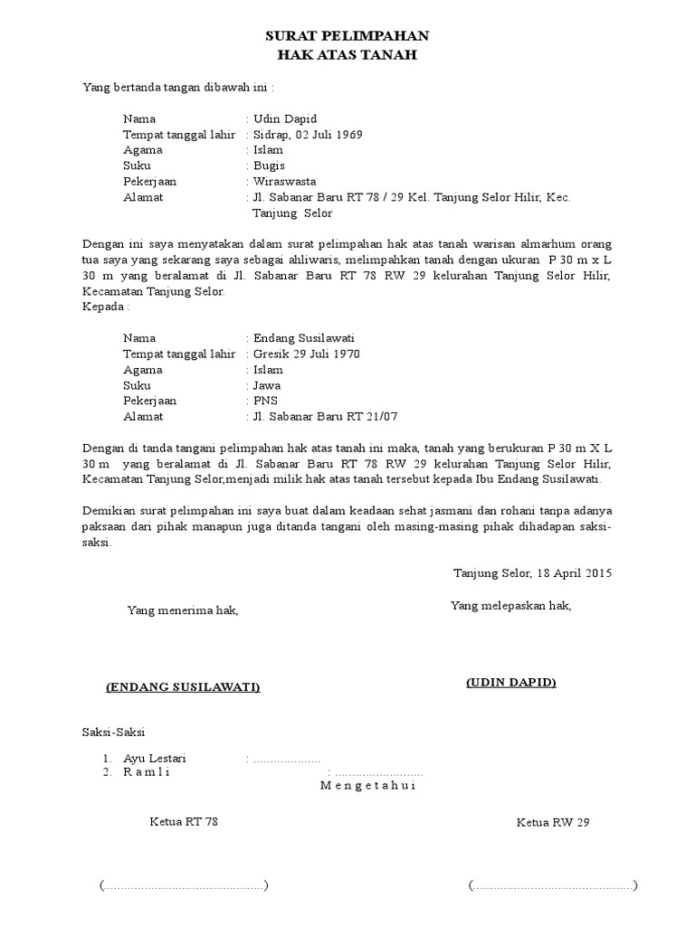 Surat Pelimpahan Tanah