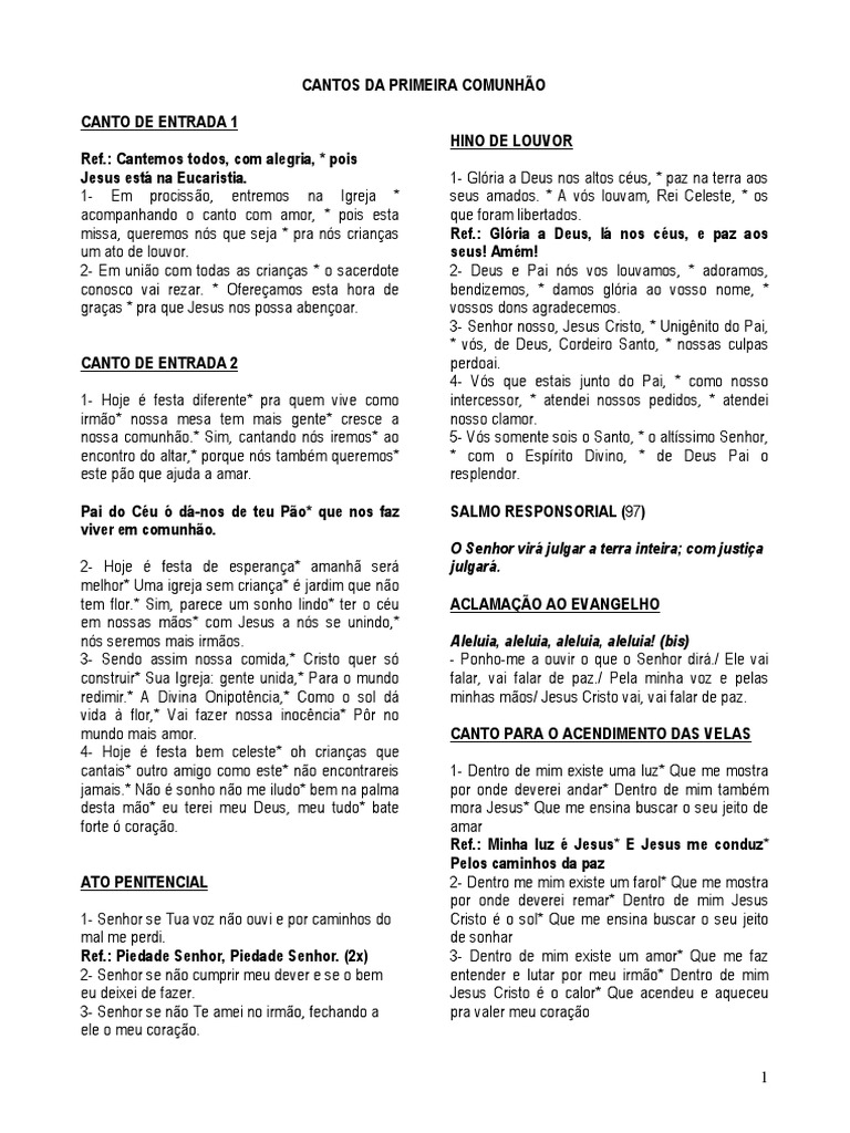 Cantos Da Primeira Comunhão 2016 Eucaristia Missa (Liturgia)