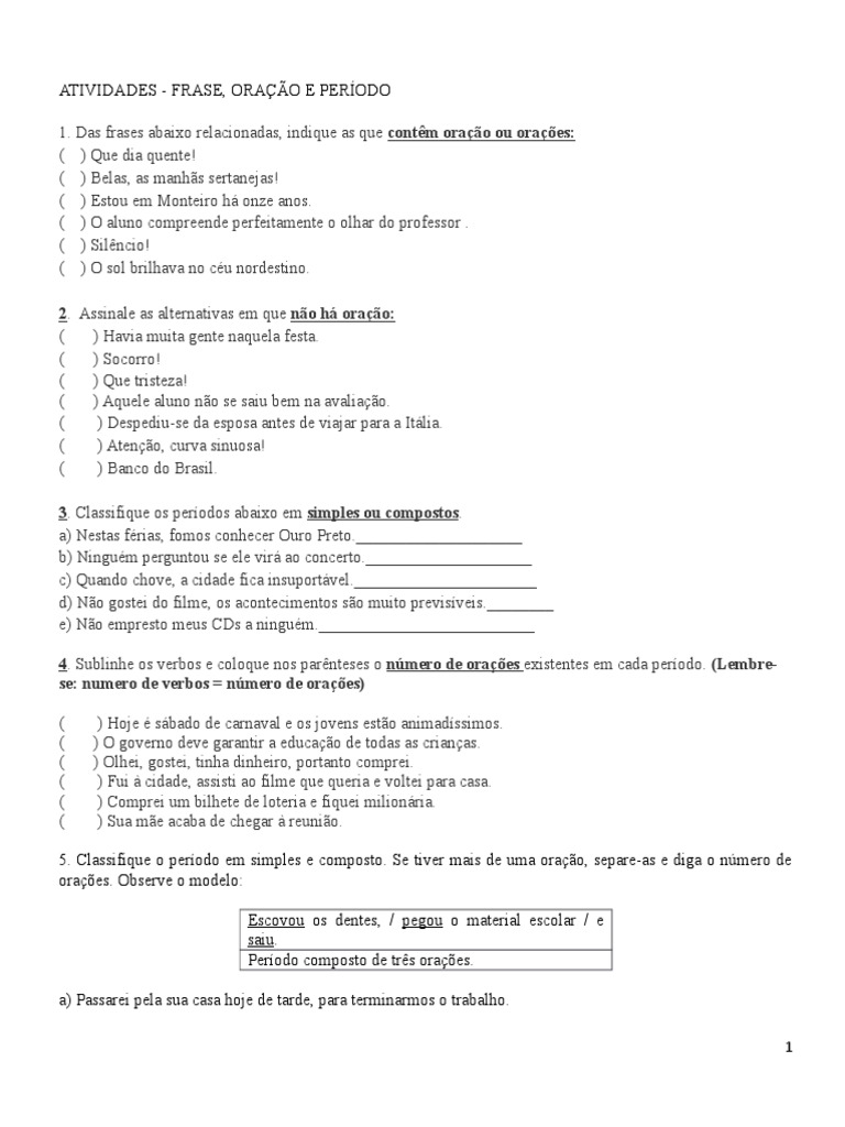 Atividades sobre Frase e Oração 5º Ano | PDF