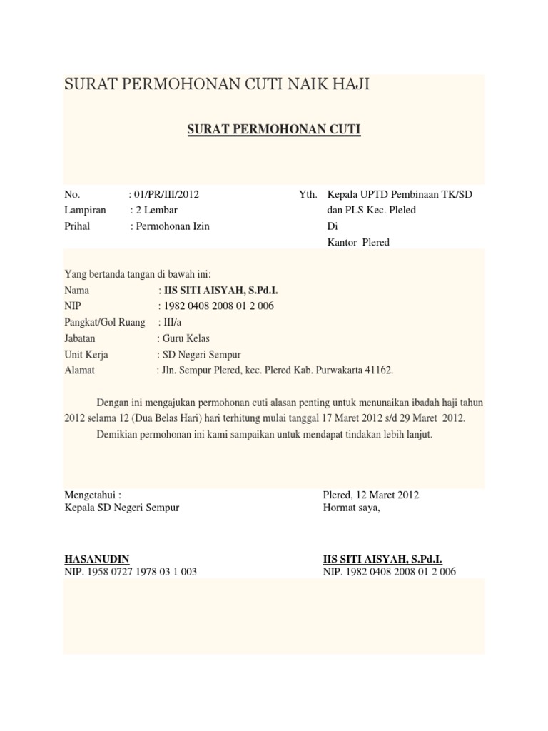 Surat Permohonan Cuti Naik Haji