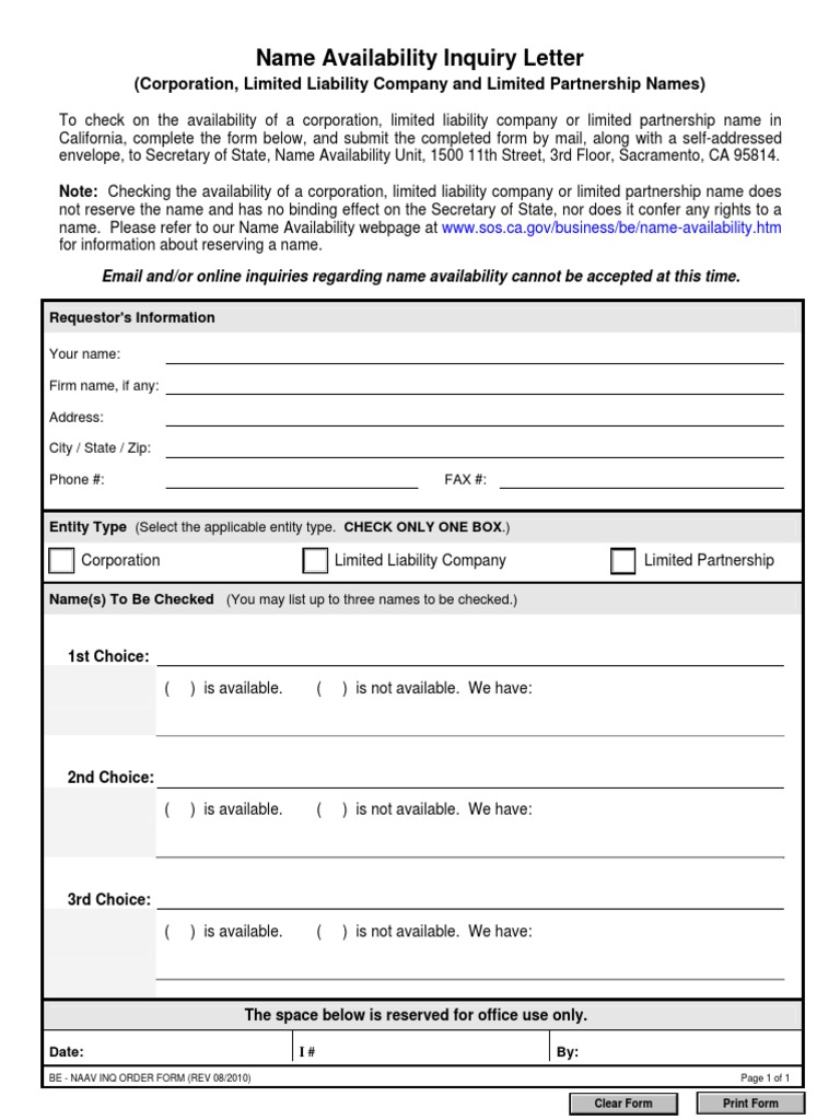 California Name Availability Inquiry Form | PDF