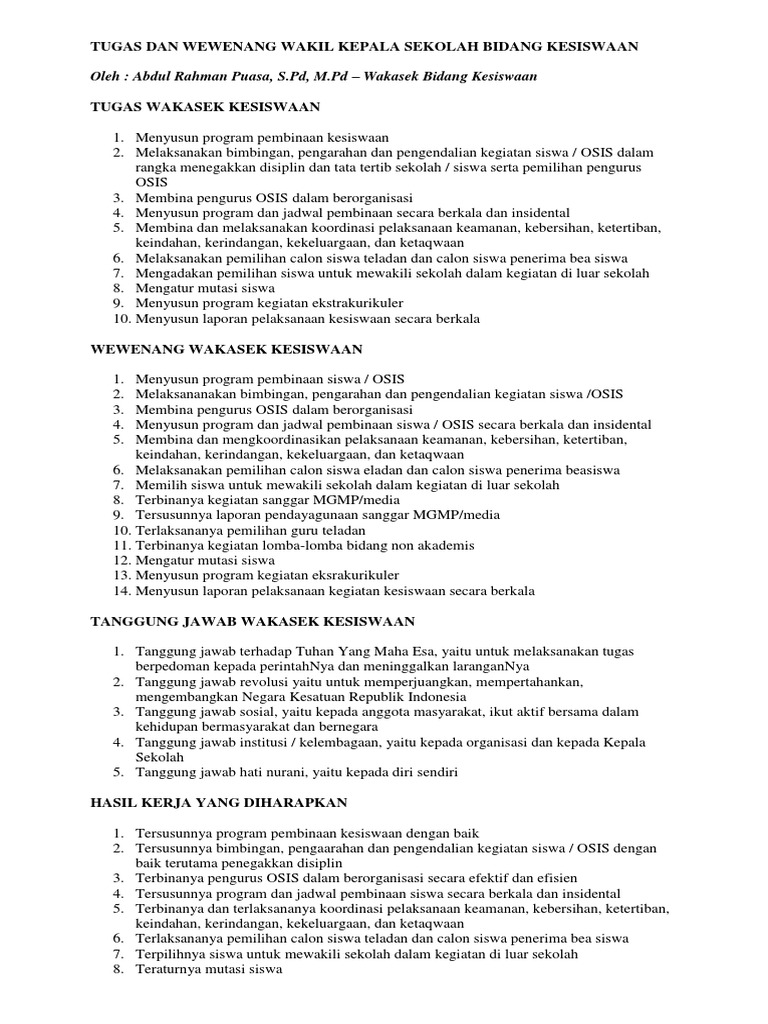 Tugas Dan Wewenang Wakil Kepala Sekolah Bidang Kesiswaan | PDF