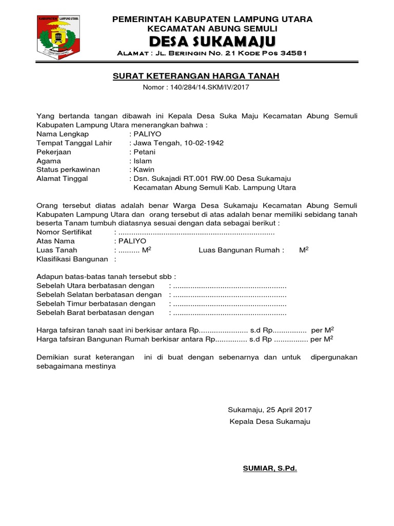 Surat Keterangan Harga Tanahdoc Docx O Tanah seluas 200 x 5 meter 1000 meter persegi dengan taksiran harga sekarang Rp.