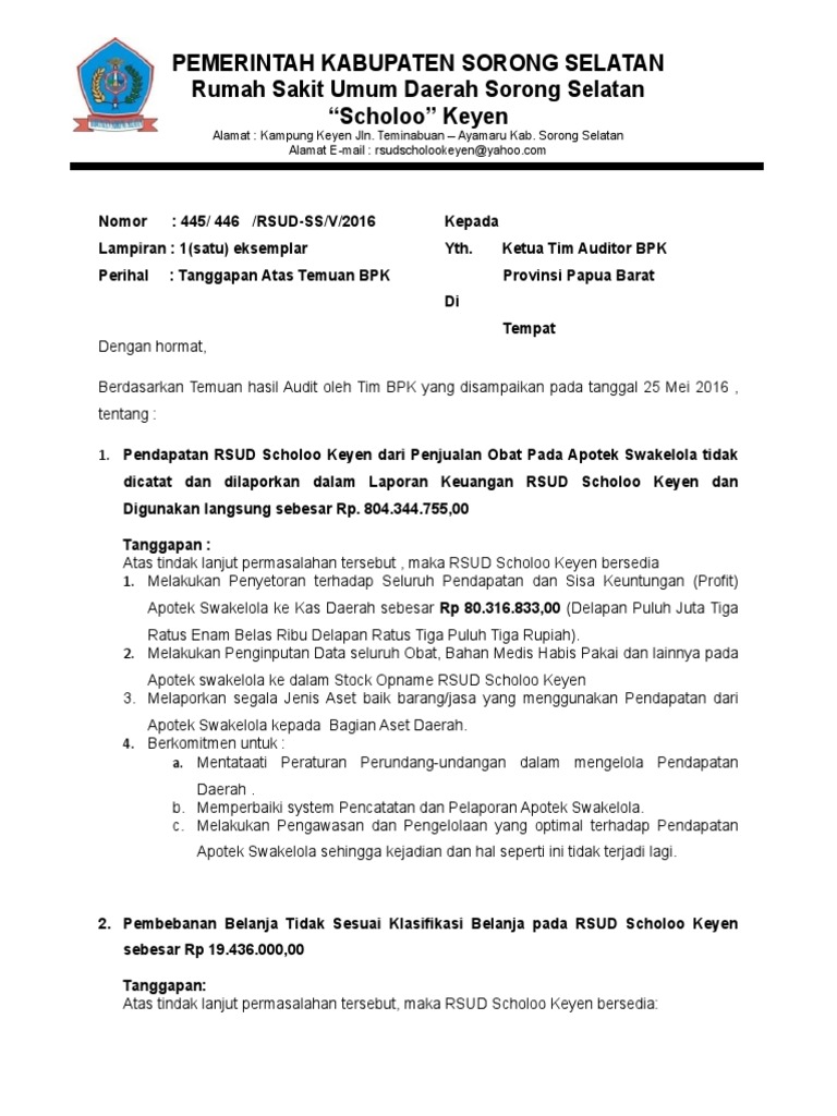 Tanggapan Temuan Bpkp Atas Temuan Tahun 2016