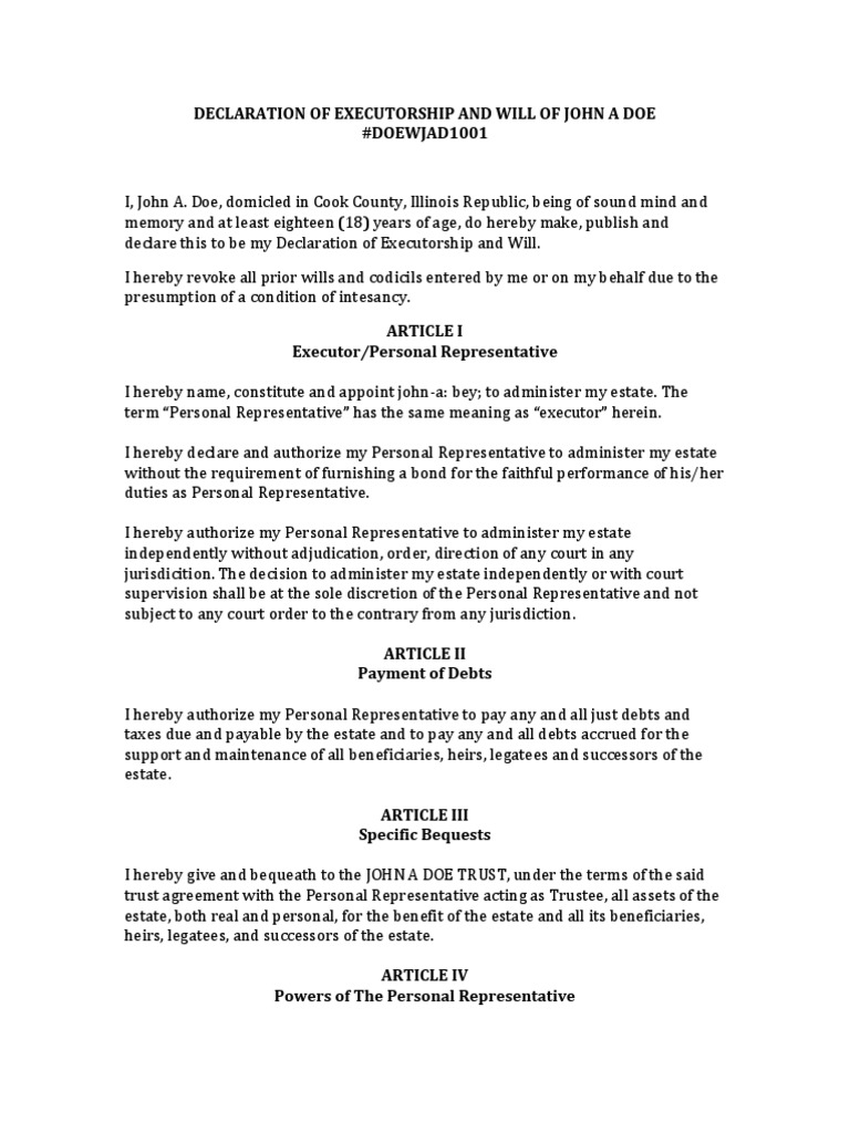 Declaration of Executorship Will and Trust of John A Doe | PDF | Trust ...