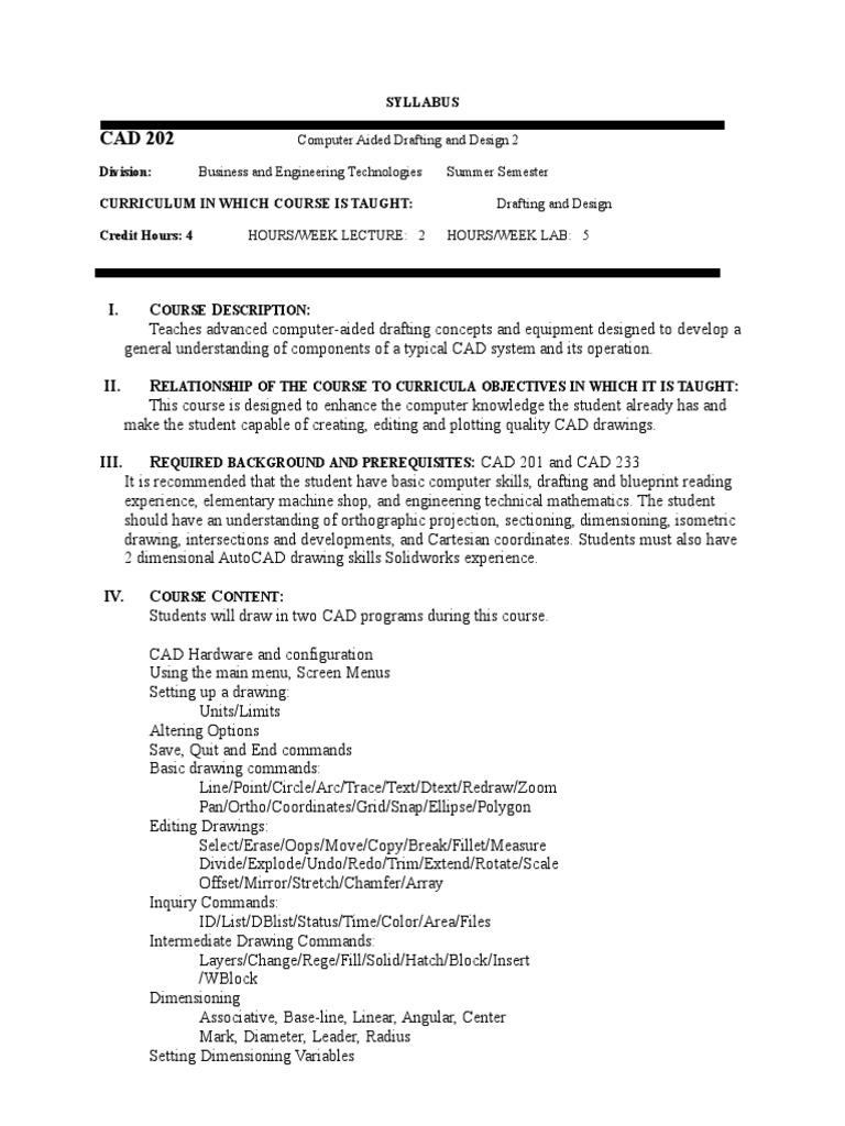 CAD 202 Syllabus Computer Aided Design Hyperlink