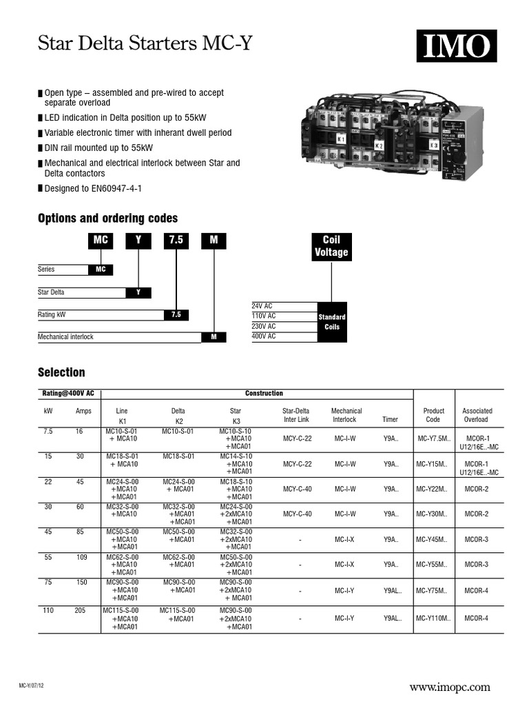 Star Delta Starters MCY Options and Ordering Codes PDF Switch Timer